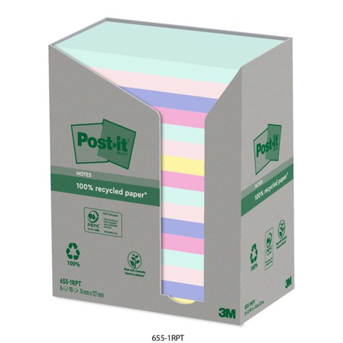 Post-it?? Recycled Notes, Assorted Colours, 76 mm x 127 mm, 100 Sheets/Pad, 16 Pads/Pack