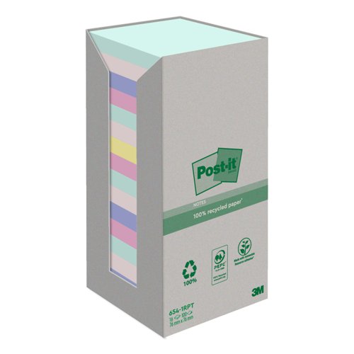Post-it?? Recycled Notes, Assorted Colours, 76 mm x 76 mm, 100 Sheets/Pad, 16 Pads/Pack