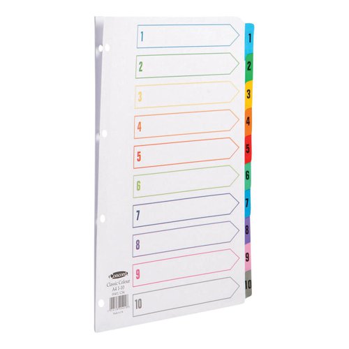 Concord Index 1-10 Mylar-reinforced Multicolour-Tabs Punched 4 Holes 150gsm A4 White Ref CS4