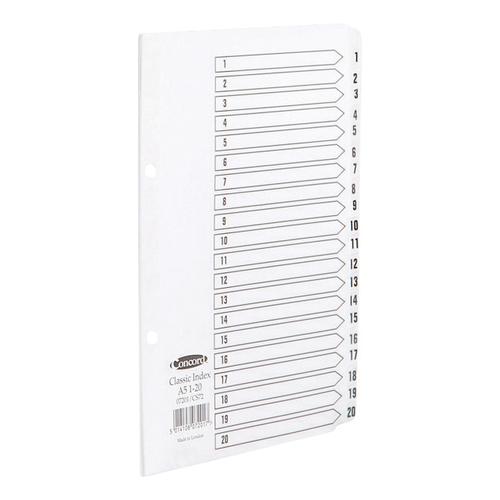Concord Classic Index 1-20 Mylar-reinforced Punched 2 Holes 150gsm A5 White Ref 07201/CS72