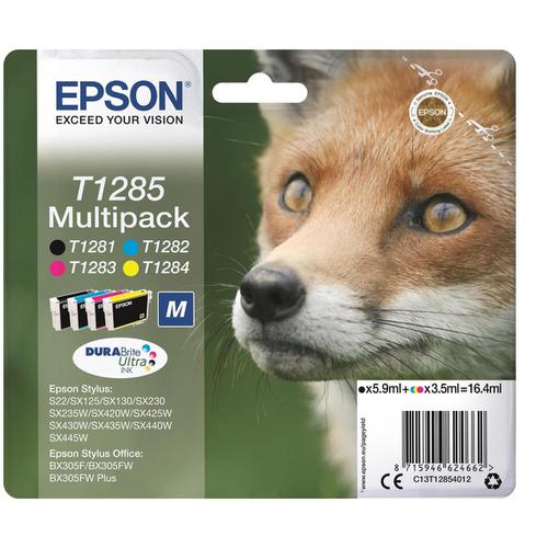 Epson T1285 Inkjet Cart Fox Blk190pp/ Cyan250pp/Mag 150pp/Yell 230pp 16.4ml Ref C13T12854012 [Pack 4] 4070905 Buy online at Office 5Star or contact us Tel 01594 810081 for assistance