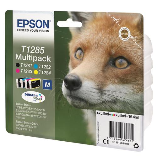Epson T1285 Inkjet Cart Fox Blk190pp/ Cyan250pp/Mag 150pp/Yell 230pp 16.4ml Ref C13T12854012 [Pack 4] 4070905 Buy online at Office 5Star or contact us Tel 01594 810081 for assistance