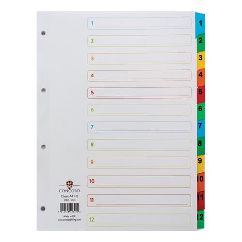 Concord Index 1-12 Mylar-reinforced Multicolour-Tabs Punched 4 Holes 150gsm A4 White Ref CS13