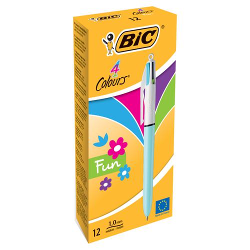 Bic 4-Colour Fun Ball Pen 1.0mm Tip 0.32mm Line Pink Purple Turquoise Lime Green Ref 982870 [Pack 12] Bic