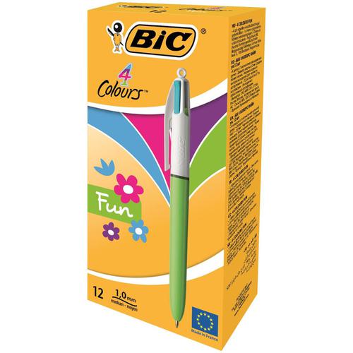 Bic 4-Colour Fun Ball Pen 1.0mm Tip 0.32mm Line Pink Purple Turquoise Lime Green Ref 982870 [Pack 12] 263724 Buy online at Office 5Star or contact us Tel 01594 810081 for assistance