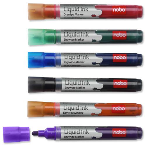 Nobo Marker Liquid Ink Dry-wipe W/bd/Flipchart/OHP Bullet Tip 3mm Line Wallet Asstd Ref 1901077 [Pack 6] 4055056 Buy online at Office 5Star or contact us Tel 01594 810081 for assistance