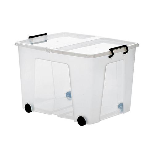 Strata Smart Box Clip-On Folding Lid Carry Handles 75 Litre Clear with Black Wheels Ref HW676CLR 4052101 Buy online at Office 5Star or contact us Tel 01594 810081 for assistance