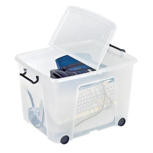 Strata Smart Box Clip-On Folding Lid Carry Handles 75 Litre Clear with Black Wheels Ref HW676CLR  4052101