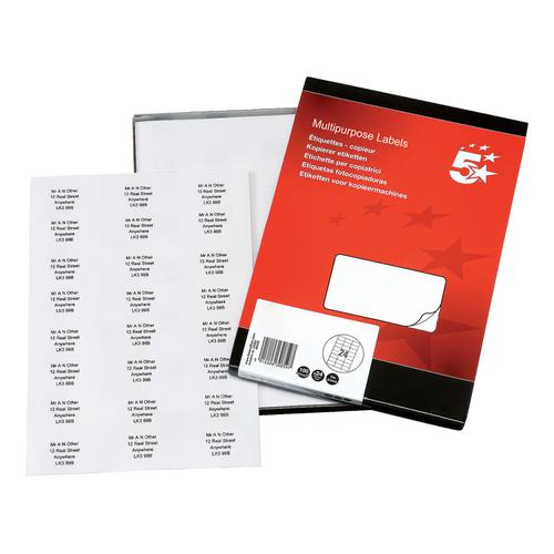 5 Star Office Multipurpose Labels Laser Copier Inkjet 24 per Sheet 70x37mm White [2400 Labels] 296743 Buy online at Office 5Star or contact us Tel 01594 810081 for assistance