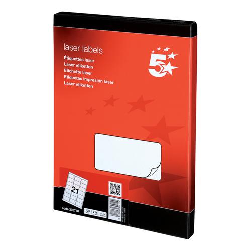 5 Star Office Multipurpose Labels Laser Copier Inkjet 21 per Sheet 63.5x38.1mm White [2100 Labels]