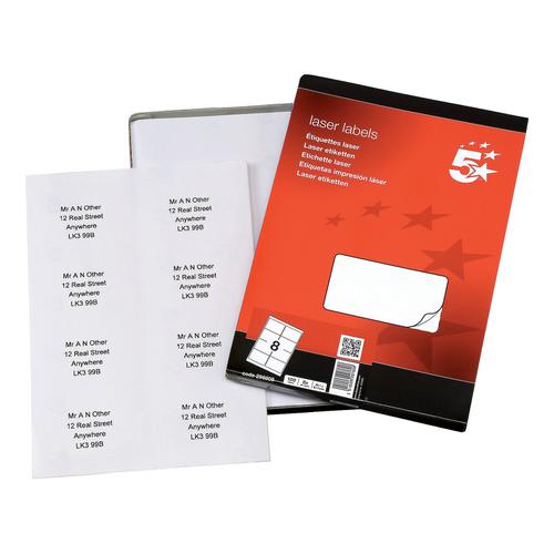 5 Star Office Multipurpose Labels Laser Copier Inkjet 8 per Sheet 99.1x67.7mm White [800 Labels] 296808 Buy online at Office 5Star or contact us Tel 01594 810081 for assistance