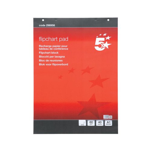 5 Star Office FSC Flipchart Pad 70gsm Plain Perforated Punched 2 Holes 40 Sheets A1 [Pack 5]