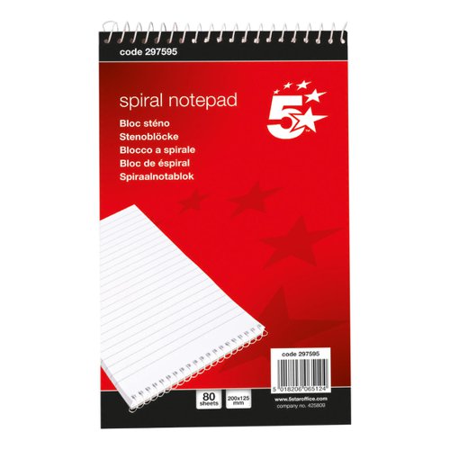 5 Star Office FSC Shorthand Pad Wirebound 60gsm Ruled 160pp 127x200mm Red & White [Pack 10]  297595