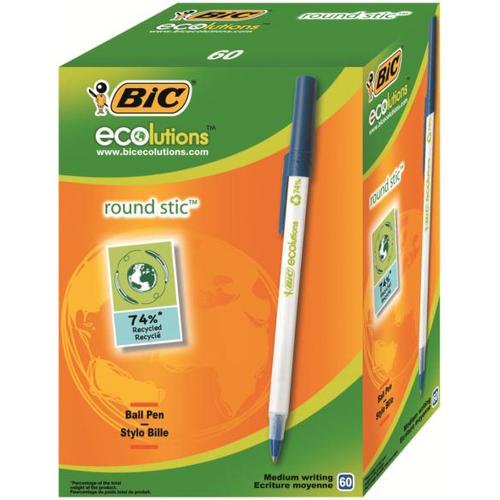 Bic Ecolutions Stic Ball Pen Recycled Slim 1.0mm Tip 0.32mm Line Blue Ref 893240 [Pack 60]