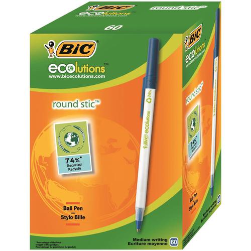 Bic Ecolutions Stic Ball Pen Recycled Slim 1.0mm Tip 0.32mm Line Blue Ref 893240 [Pack 60] 877786 Buy online at Office 5Star or contact us Tel 01594 810081 for assistance
