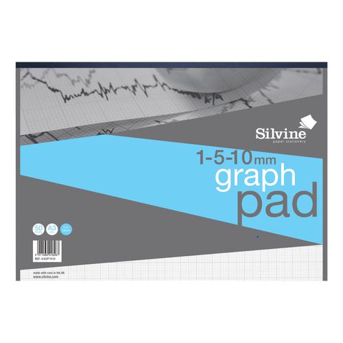 Silvine Student Graph Pad 90gsm 1mm 5mm 10mm Grid 30 Sheets A3 Ref A3GP1510