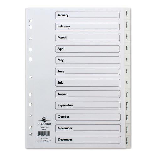 Concord Index Jan-Dec Polypropylene Multipunched Reinforced Holes 120 Micron A4 White Ref 64701
