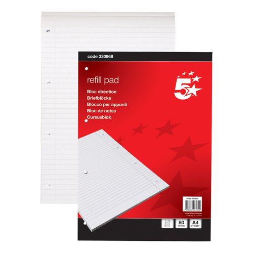 5 Star Office FSC Refill Pad Headbound 60gsm Ruled Margin Punched 4 Holes 160pp A4 Red & White [Pack 10]