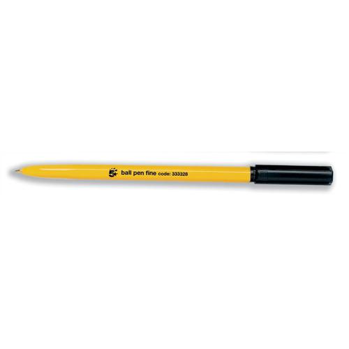 5 Star Office Ball Pen Yellow Barrel Fine 0.7mm Tip 0.3mm Line Black [Pack 50]