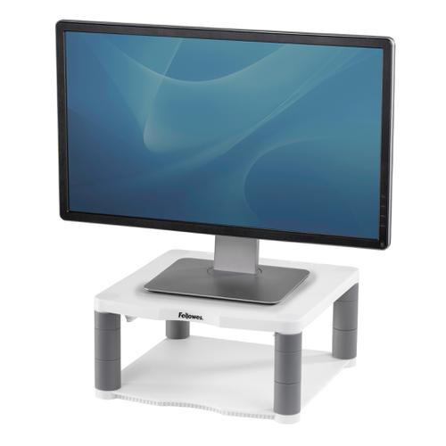 Fellowes Premium Monitor Riser for 21in Capacity 36kg 5 Heights 64-165mm Platinum Ref 91717 4040075 Buy online at Office 5Star or contact us Tel 01594 810081 for assistance