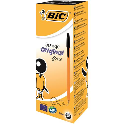 Bic Orange Ball Pen Fine 0.8mm Tip 0.3 mm Line Black Ref 1199110114 [Pack 20] Bic