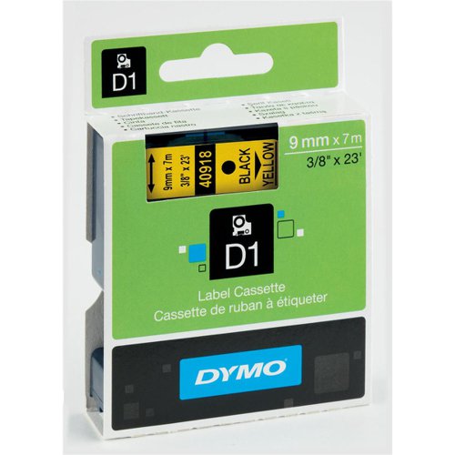 Dymo D1 Tape for Electronic Labelmakers 9mmx7m Black on Yellow Ref 40918 S0720730