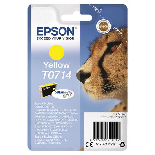 Epson T0714 Inkjet Cartridge Cheetah Page Life 480pp 5.5ml Yellow Ref C13T07144012 834130 Buy online at Office 5Star or contact us Tel 01594 810081 for assistance