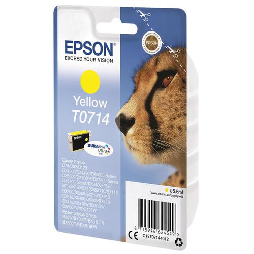 Epson T0714 Inkjet Cartridge Cheetah Page Life 480pp 5.5ml Yellow Ref C13T07144012 834130 Buy online at Office 5Star or contact us Tel 01594 810081 for assistance