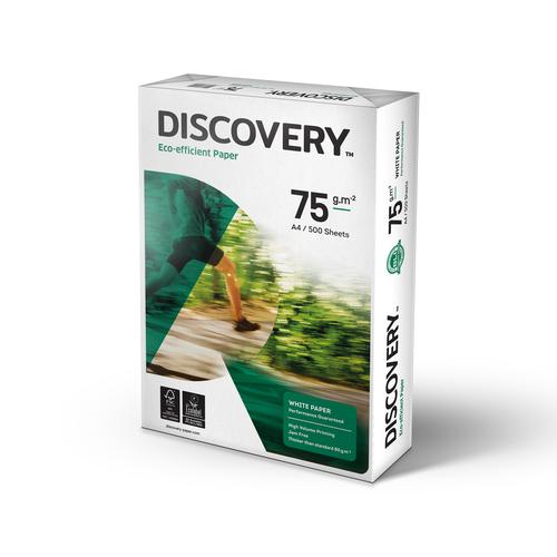 377105 | Discovery is a genuinely eco-efficient paper range! It is made using less wood, meaning you get great performance, with less resources. It has unique advantages combining eco-efficiency with superb machine performance. Excellent value for money being competitively priced per ream for a standard grade. Its reliability means it gives consistent quality over time within each ream. Discovery is made using Eucalyptus globulus fibres and a 'made to measure filler' (precipitated calcium carbonate). This cutting-edge technology results in paper of unique quality. FSC Certified.<br /><br />Consumer Delivery Expectation: Next working day
