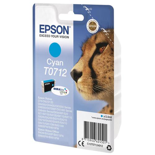 Epson T0712 Inkjet Cartridge Cheetah Page Life 495pp 5.5ml Cyan Ref C13T07124012 834114 Buy online at Office 5Star or contact us Tel 01594 810081 for assistance