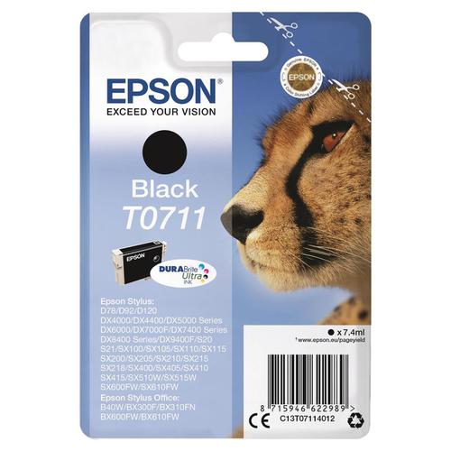 Epson T0711 Inkjet Cartridge Cheetah Page Life 250pp 7.4ml Black Ref C13T07114012 834106 Buy online at Office 5Star or contact us Tel 01594 810081 for assistance