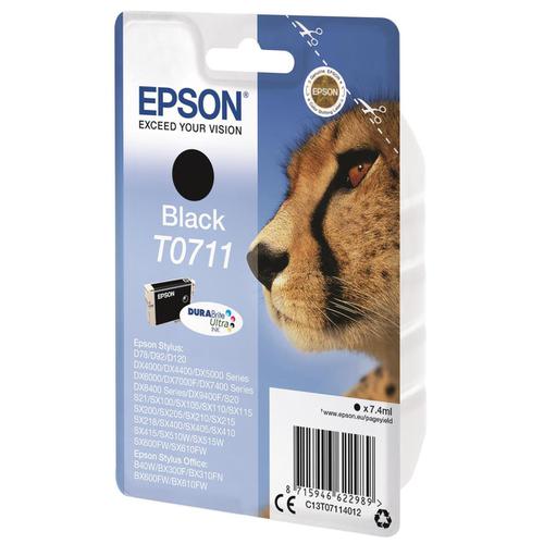Epson T0711 Inkjet Cartridge Cheetah Page Life 250pp 7.4ml Black Ref C13T07114012 834106 Buy online at Office 5Star or contact us Tel 01594 810081 for assistance