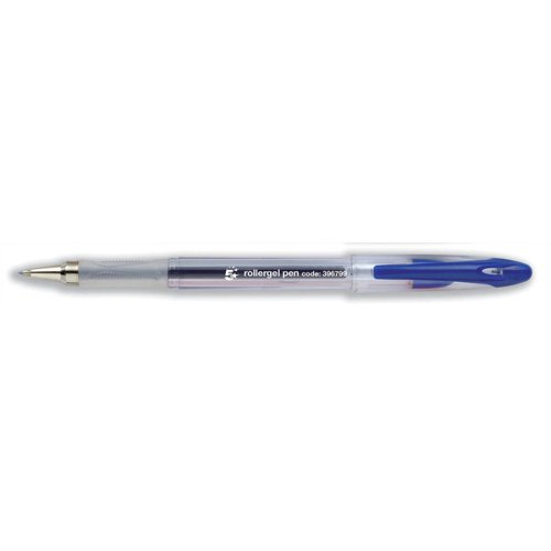 5 Star Office Roller Gel Pen Clear Barrel 1.0mm Tip 0.5mm Line Blue [Pack 12]