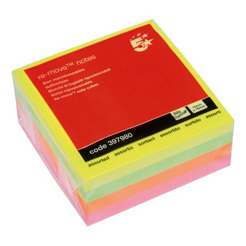 5 Star Office Re-Move Notes Cube Pad of 400 Sheets 76x76mm Neon Rainbow