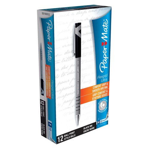 Paper Mate Flexgrip Ultra Ball Pen Medium 1.0mm Tip 0.7mm Line Black Ref PS0190113 [Pack 12]