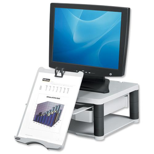 Fellowes Premium Monitor Riser Plus for 21in Capacity 36kg 5 Heights 118-168mm Grey Ref 91713 344844 Buy online at Office 5Star or contact us Tel 01594 810081 for assistance