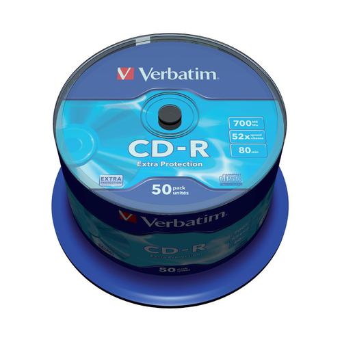 Verbatim CD-R Recordable Disk Write-once on Spindle 52x Speed 80min 700Mb Ref 43351 [Pack 50] Verbatim