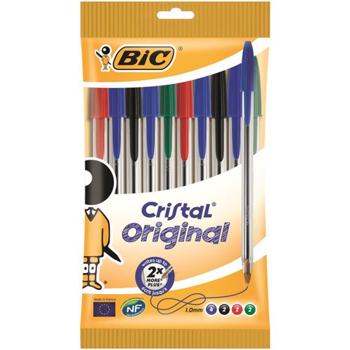 Bic Cristal Ball Pen Clear Barrel 1.0mm Tip 0.32mm Line Assorted Ref 830865 [Pack 10]