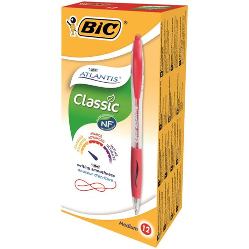 Bic Atlantis Ball Pen Retractable Cushioned Grip Medium 1.0mm Tip 0.32mm Line Red Ref 887133 [Pack 12]