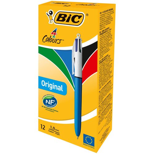 Bic 4-Colour Ball Pen Medium 1.0mm Tip 0.32mm Line Blue Black Red Green Ref 801867 Pack 12