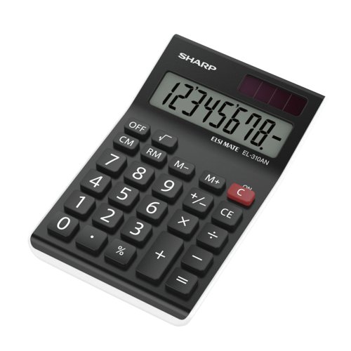 Sharp Desktop Calculator 8 Digit 4 Key Memory Battery/Solar Power 77x10x125mm Black Ref EL310ANWH