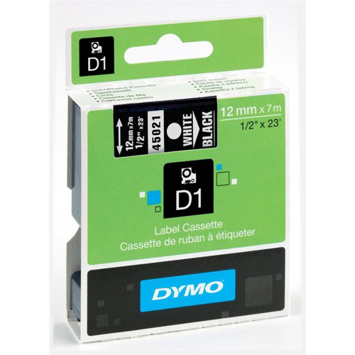 Dymo D1 Tape for Electronic Labelmakers 12mmx7m White on Black Ref 45021 S0720610