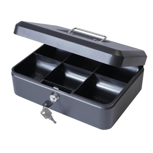 Cash Box with Lock & 2 Keys Removable Coin Tray 10 Inch W250xD180xH70mm Black Cathedral Products