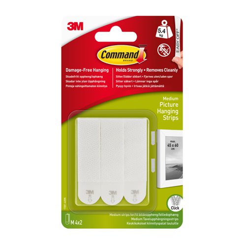 3M Command Picture Hanging Strips Adhesive Medium White Ref 17201-4PK [Pack 4]