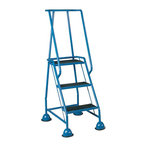 Mobile Steps on Retractable Castors Double Handrails Three Tread W580xD795xxH1425mm Blue