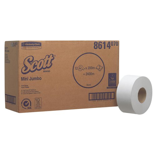 Scott Mini Jumbo Toilet Rolls 500 Sheets per roll 2-ply 400x90mm White Ref 8614 [Pack 12]