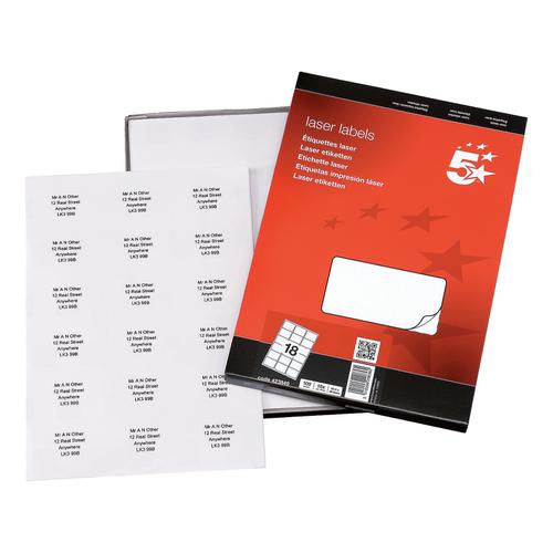 5 Star Office Multipurpose Labels Laser Copier Inkjet 18 per Sheet 63.5x46.6mm White [1800 Labels] 423849 Buy online at Office 5Star or contact us Tel 01594 810081 for assistance