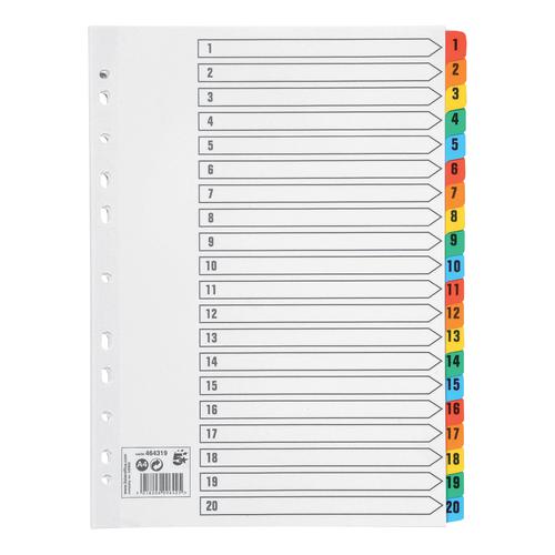 5 Star Office Index 1-20 Multipunched Mylar-reinforced Multicolour-Tabs 160gsm A4 White