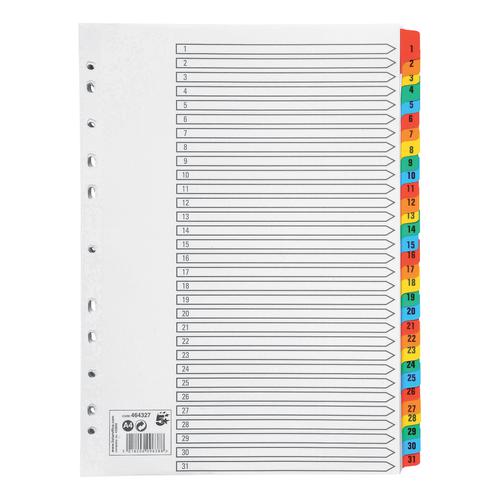 5 Star Office Index 1-31 Multipunched Mylar-reinforced Multicolour-Tabs 160gsm A4 White