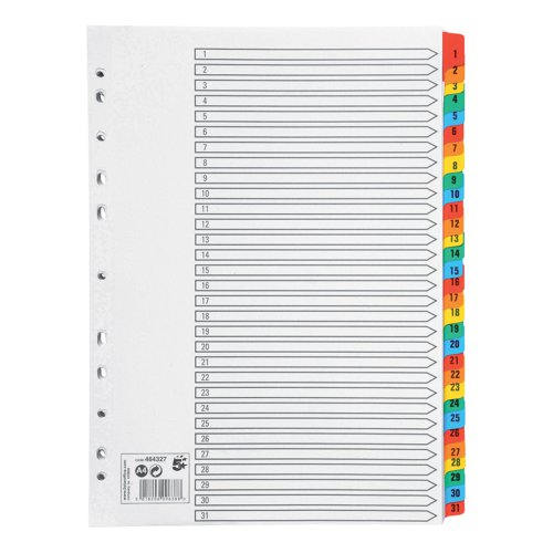 5 Star Office Index 1-31 Multipunched Mylar-reinforced Multicolour-Tabs 160gsm A4 White